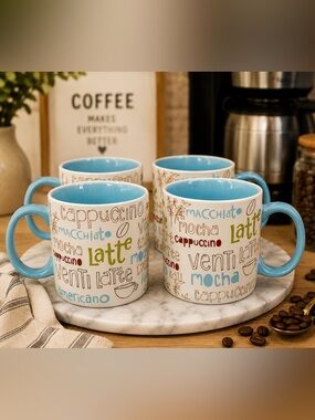 Vintage 2007 Starbucks Blue‎ Coffee Script Large Coffee Mug Set